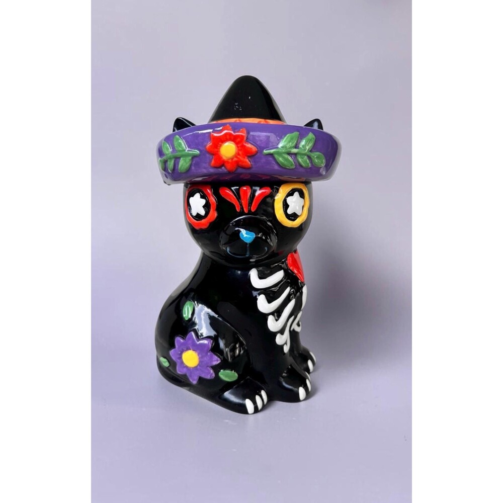 Pier 1 Dia de los Muertos Ceramic Sugar Skull Black Cat Cookie Jar Sombrero Lid